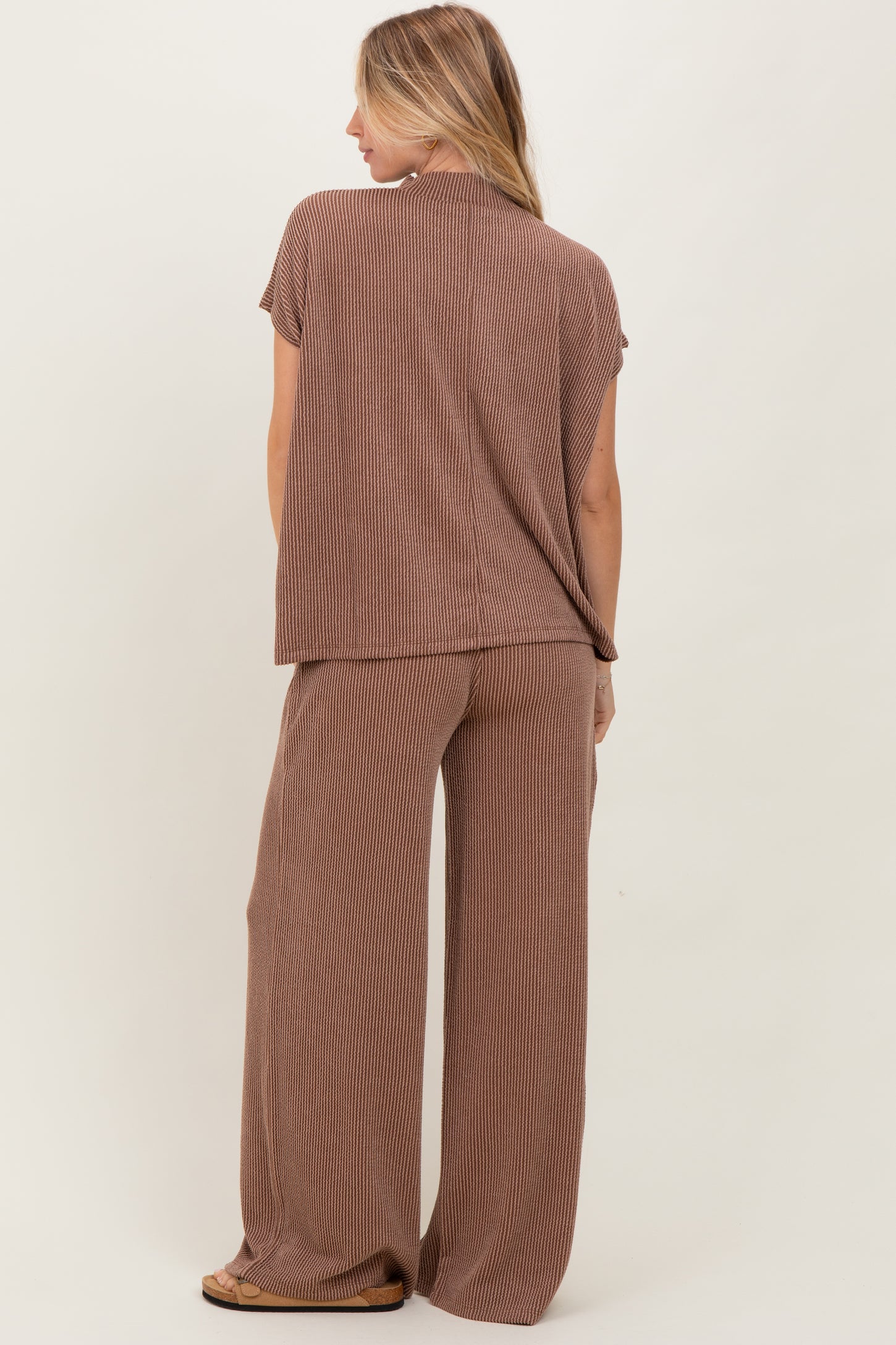 Brown Textured Rib Mock Neck Short Sleeve Pant Set
