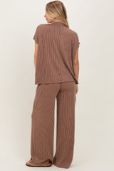 Brown Textured Rib Mock Neck Short Sleeve Pant Set