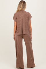 Brown Textured Rib Mock Neck Short Sleeve Pant Maternity Set
