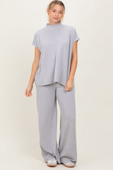Light Grey Textured Rib Mock Neck Short Sleeve Pant Maternity Set