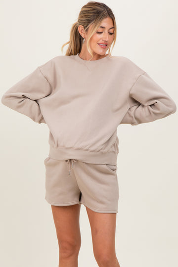 Beige Fleece Sweatshirt Shorts Maternity Set