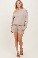 Beige Fleece Sweatshirt Shorts Set