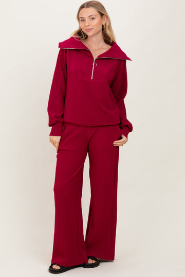 Burgundy RIbbed Half Zip Pullover Wide Leg Pant Set