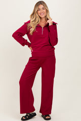 Burgundy RIbbed Half Zip Pullover Wide Leg Pant Maternity Set