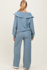 Light Blue RIbbed Half Zip Pullover Wide Leg Pant Maternity Set