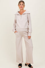 Cream RIbbed Half Zip Pullover Wide Leg Pant Maternity Set