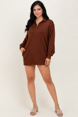 Brown Half Zip Long Sleeve Mini Dress