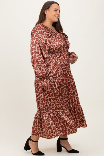 Taupe/Rust Satin Leopard Tiered Side Pocket Plus Maxi Dress