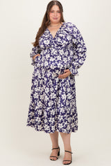 Navy Floral Tiered Ruched V-Neck Satin Plus Maternity Maxi Dress