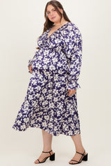 Navy Floral Tiered Ruched V-Neck Satin Plus Maternity Maxi Dress