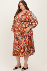 Mocha Multi Color Satin V-Neck Long Sleeve Plus Maternity Maxi Dress