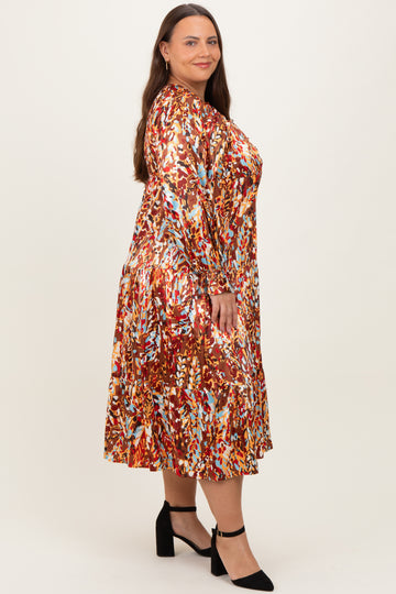 Mocha Multi Color Satin V-Neck Long Sleeve Plus Maxi Dress