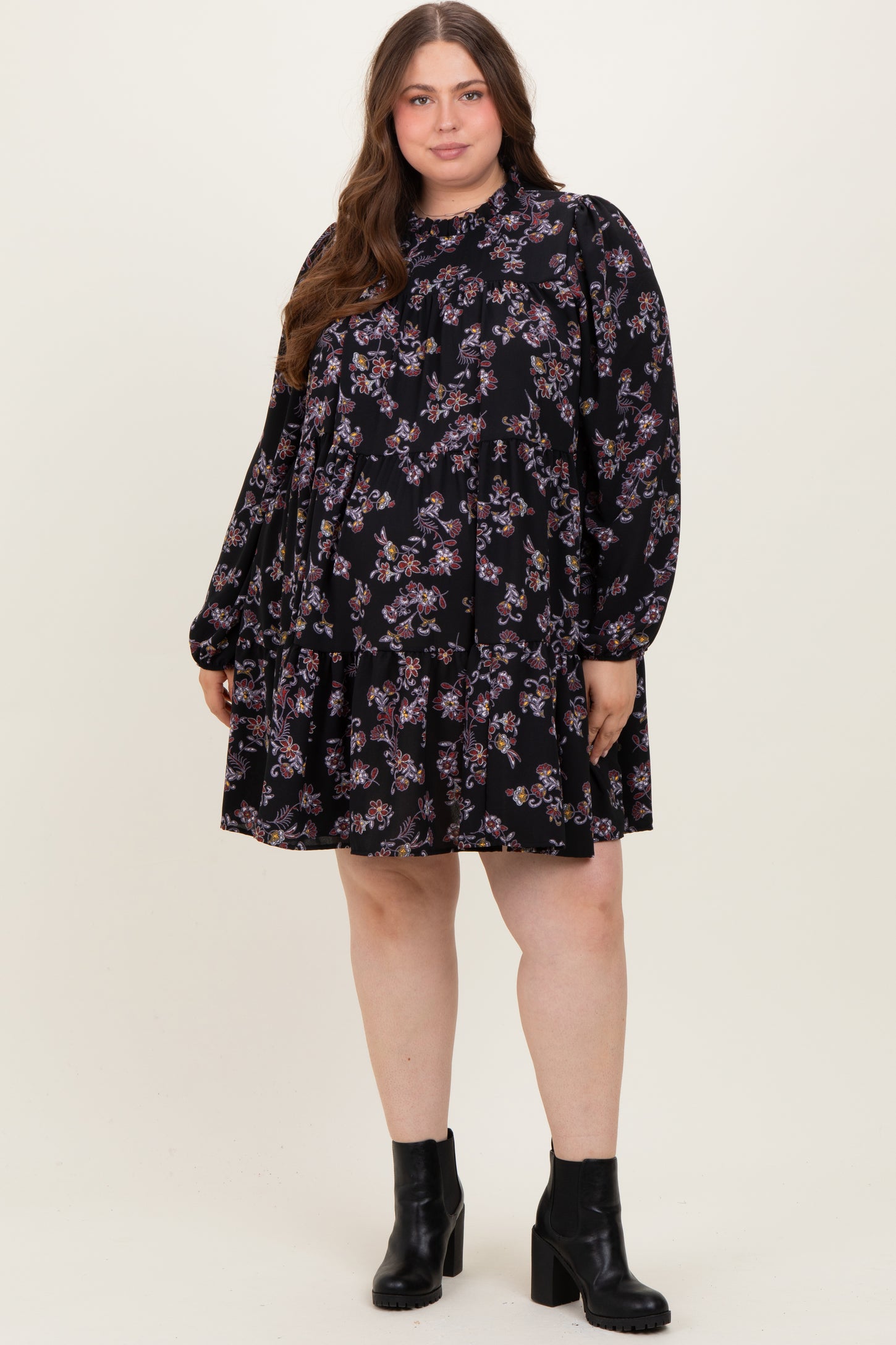 Black Floral Tiered Long Sleeve Plus Maternity Dress