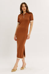 Camel Sweater Side Slit Midi Dress