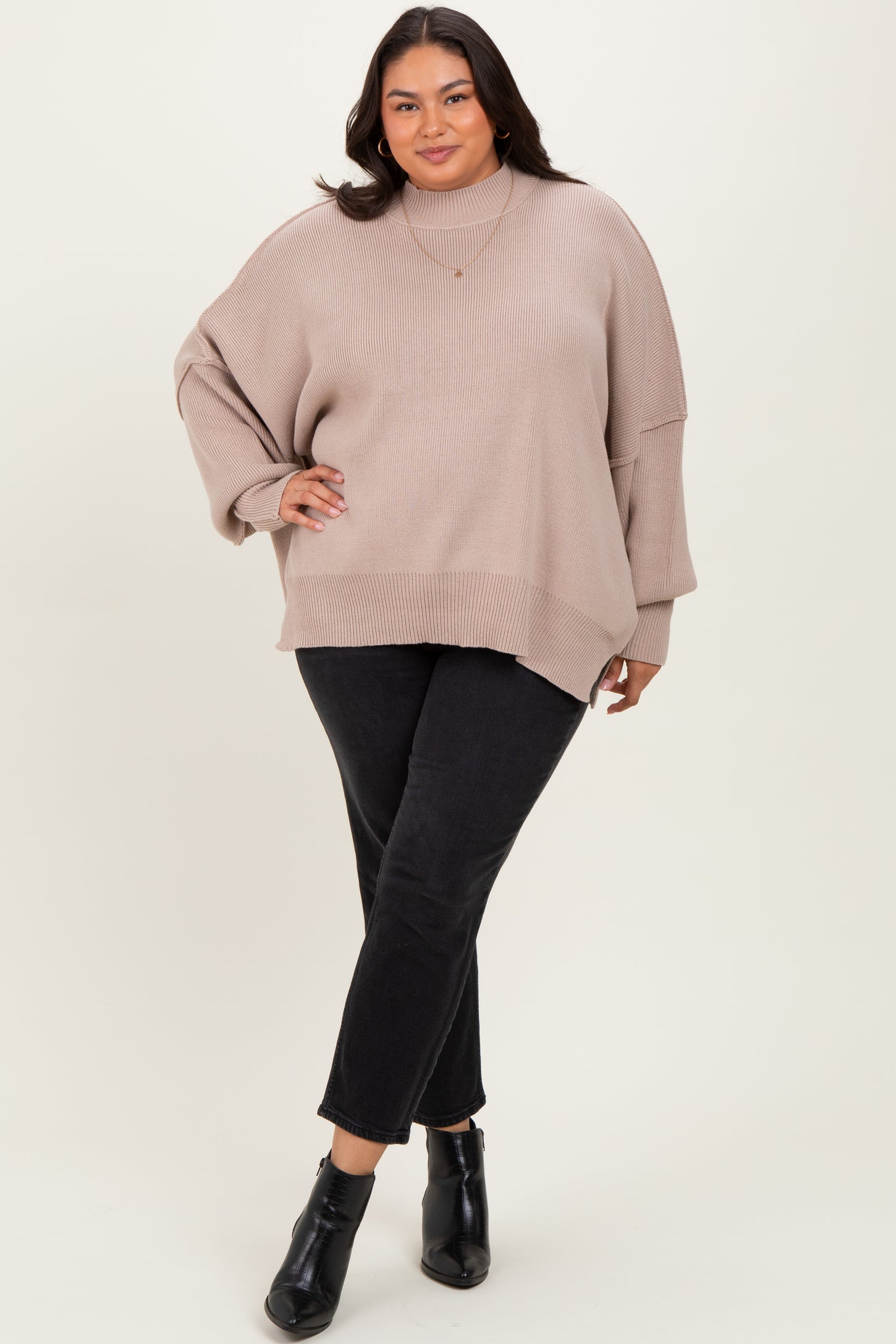 Beige Mock Neck Exposed Seam Sweater