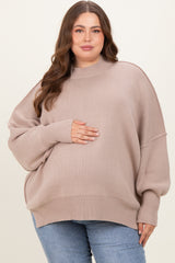 Beige Mock Neck Exposed Seam Maternity Sweater