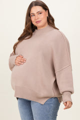 Beige Mock Neck Exposed Seam Maternity Sweater