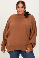 Camel Mock Neck Exposed Seam Sweater