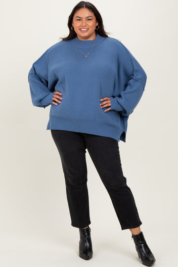 Blue Mock Neck Exposed Seam Sweater