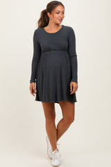 Charcoal Solid Ribbed Long Sleeve Crewneck Shirring Maternity Mini Dress