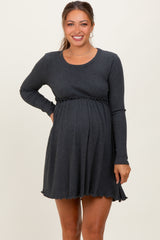 Charcoal Solid Ribbed Long Sleeve Crewneck Shirring Maternity Mini Dress