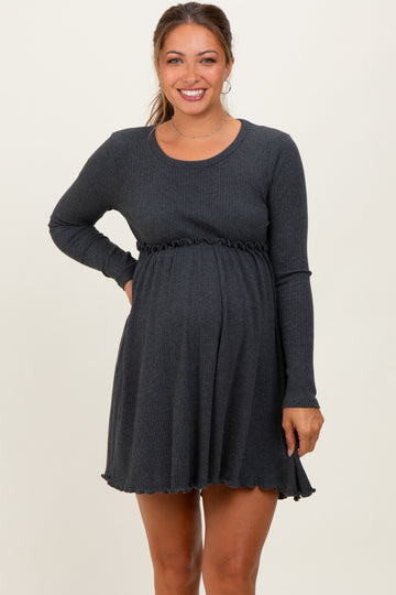 Charcoal Solid Ribbed Long Sleeve Crewneck Shirring Maternity Mini Dress
