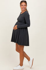 Charcoal Solid Ribbed Long Sleeve Crewneck Shirring Maternity Mini Dress