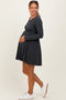 Charcoal Solid Ribbed Long Sleeve Crewneck Shirring Maternity Mini Dress