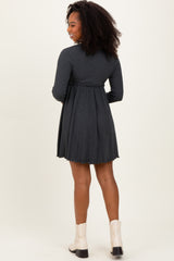 Charcoal Solid Ribbed Long Sleeve Crewneck Shirring Mini Dress