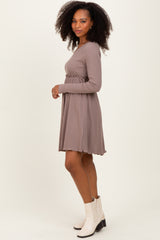 Mocha Solid Ribbed Long Sleeve Crewneck Shirring Mini Dress