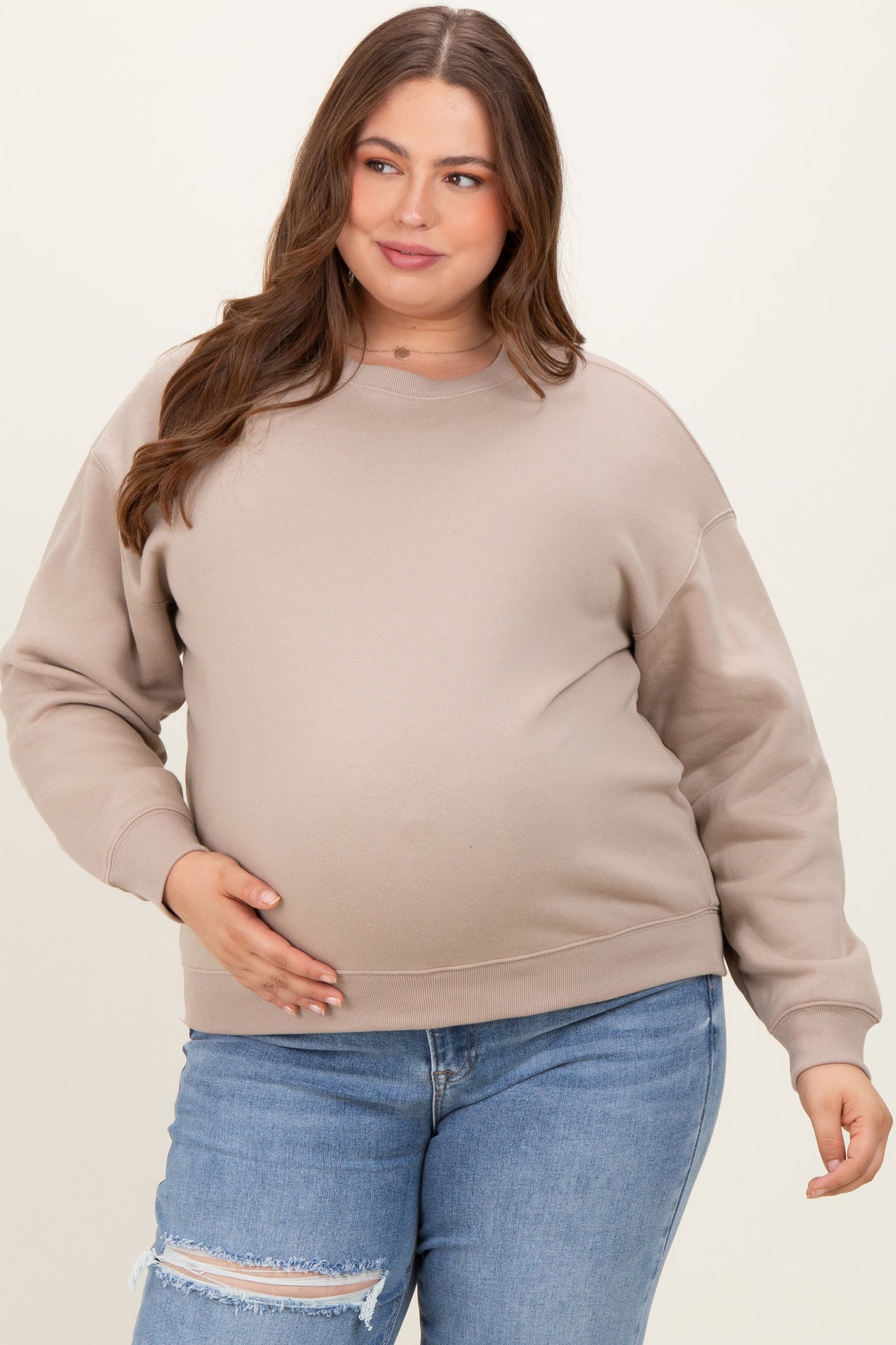 Beige Basic Fleece Crewneck Maternity Sweatshirt