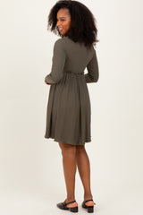 Olive Solid Ribbed Long Sleeve Crewneck Shirring Mini Dress