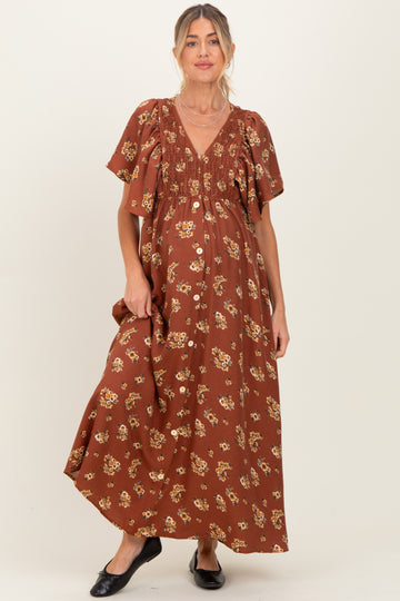 Brown Vintage Floral Woven Short Skleeve V-Neck Button Maternity Maxi Dress