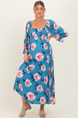Light Blue Floral Long Sleeve Square Neck Smocked Maternity Maxi Dress