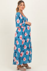 Light Blue Floral Long Sleeve Square Neck Smocked Maternity Maxi Dress