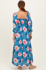 Light Blue Floral Long Sleeve Square Neck Smocked Maxi Dress