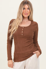 Brown Solid Ribbed Brushed Long Sleeve Button Down Round Neck Maternity Top