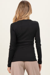 Black Solid Ribbed Brushed Long Sleeve Button Down Round Neck Maternity Top