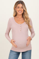 Beige Solid Ribbed Brushed Long Sleeve Button Down Round Neck Maternity Top