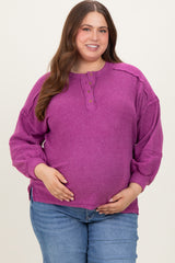 Plum Oversized Ribbed Knit Henley Maternity Plus Sweater