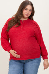 Red Oversized Ribbed Knit Henley Maternity Plus Sweater