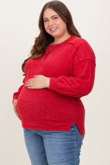 Red Oversized Ribbed Knit Henley Maternity Plus Sweater