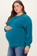 Teal Oversized Ribbed Knit Henley Maternity Plus Sweater