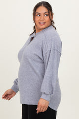 Heather Grey Oversized Ribbed Knit Henley Plus Sweater