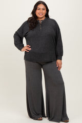 Charcoal Oversized Ribbed Knit Henley Plus Sweater