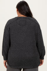 Charcoal Oversized Ribbed Knit Henley Plus Sweater