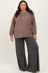 Mocha Oversized Ribbed Knit Henley Plus Sweater