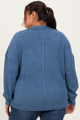 Blue Brushed Ribbed Knit Plus Pullover