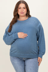 Blue French Terry Vintage Wash Maternity Plus Pullover
