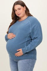 Blue French Terry Vintage Wash Maternity Plus Pullover
